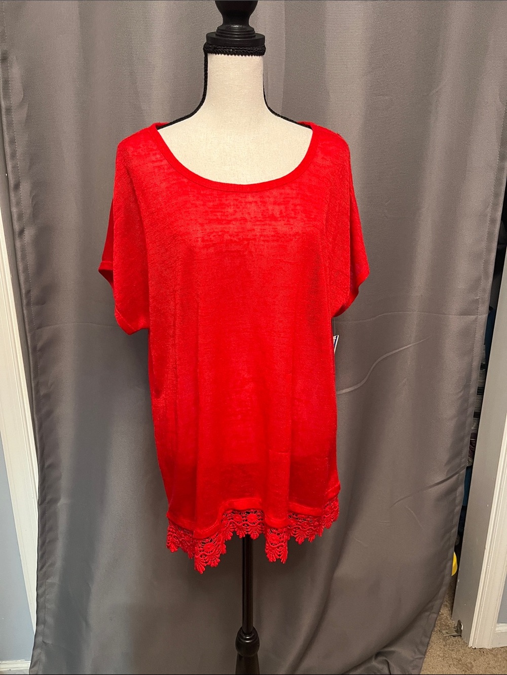 new directions Red Short-Sleeve Tunic with Crochet Hem